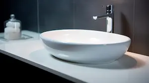 Close-up of a kitchen sink with a modern faucet, representing domestic plumbing services.