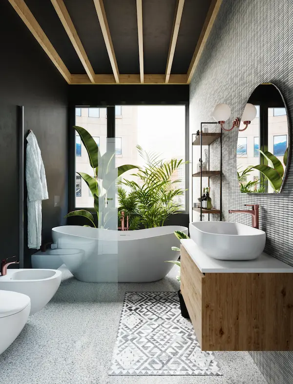 Stylish and contemporary bathroom with a marble countertop and elegant fixtures.