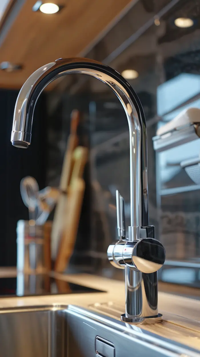 Close-up of a high-end kitchen faucet with polished chrome finish.